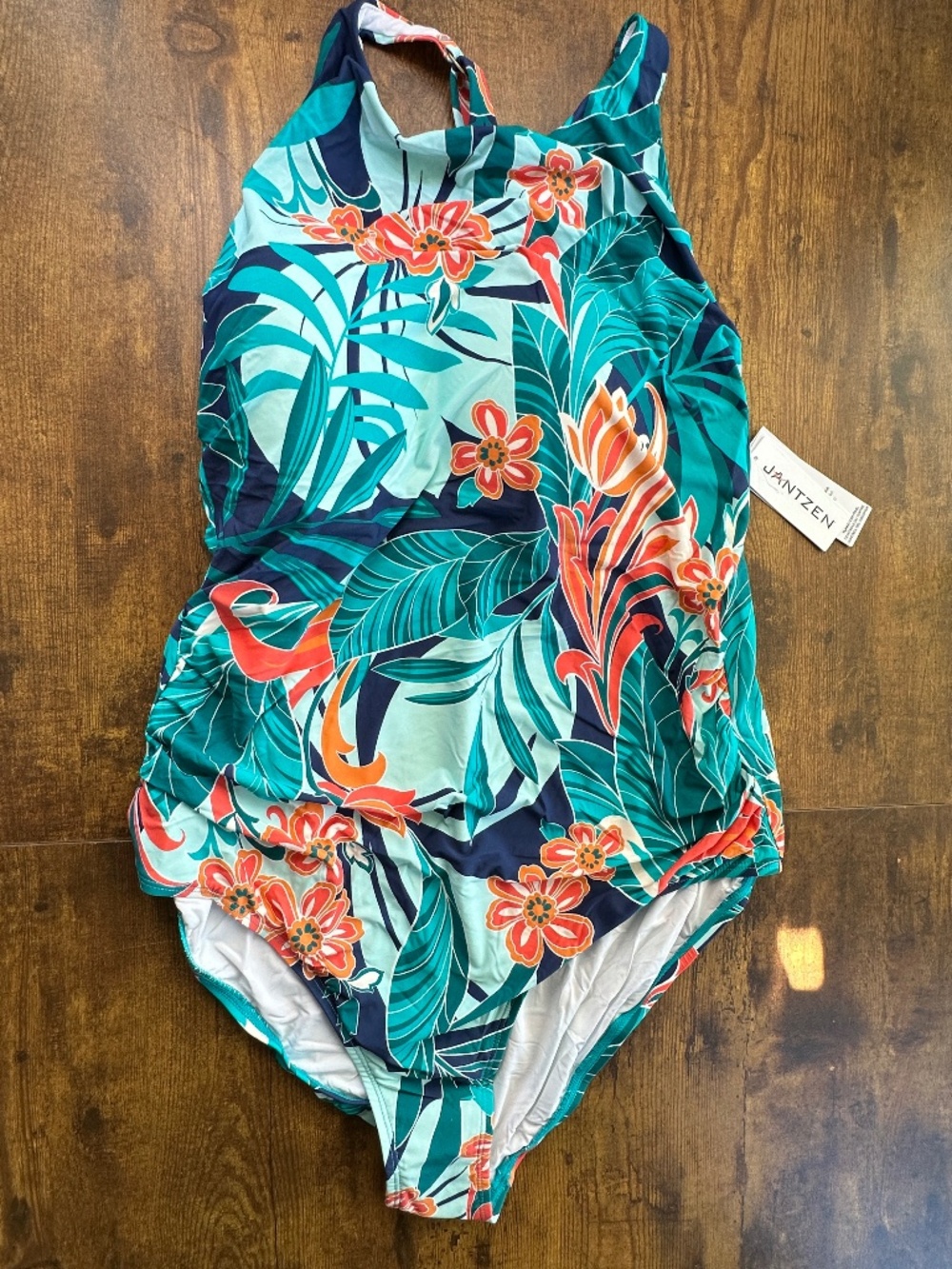 Jantzen NWT High Neck Tropical Palm Floral One-Piece Swimsuit Teal Orange